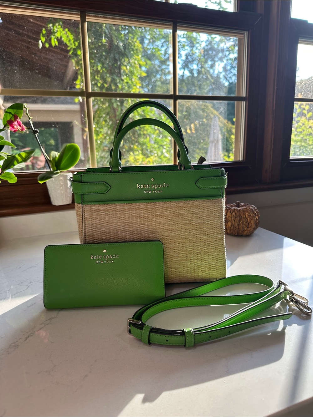 kate spade Staci small straw satchel green